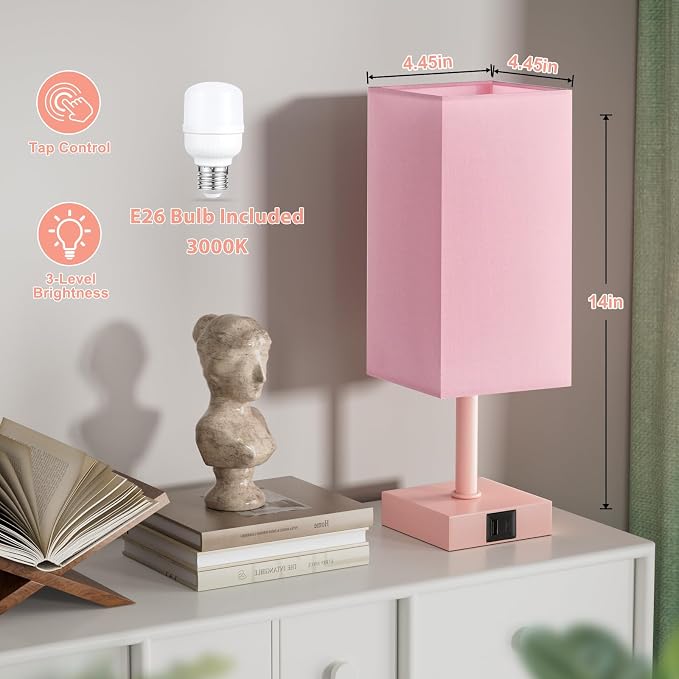 Touch Table Lamp for Bedroom - Dimmable, USB C+A, Pink Lamphade Pink Base | 3-Way Dimmable, 3000K LED Bulb Included, Square Lampshade, Cute Room Decor for Teen Girls, Kids, Small Lamp for Dorm, Nursery