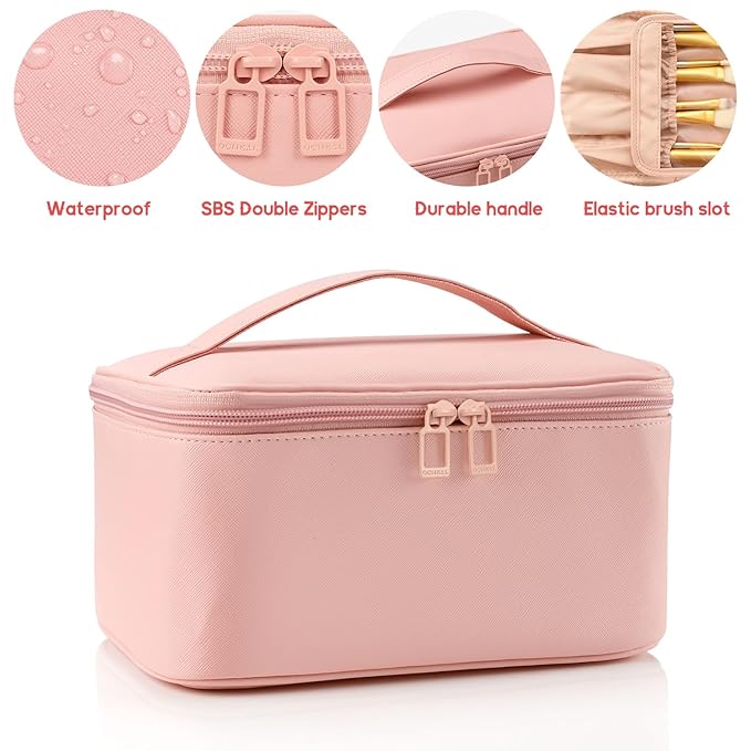OCHEAL Pink Makeup Bag,Travel Makeup Organizer Bag, Large Capacity Cosmetic Bags For Women Large Travel Toiletry Bag Girls Traveling With Brush Slot And Divider