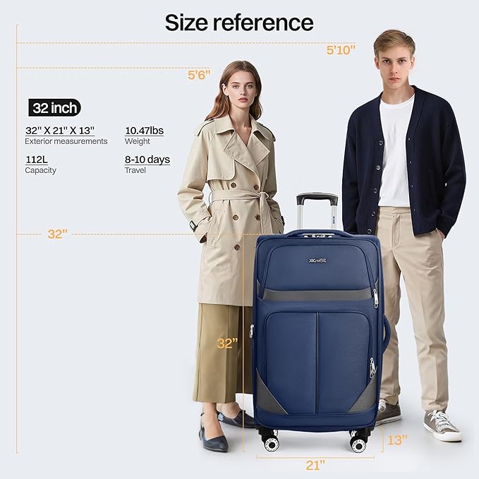32'' Large Softside Suitcase,Expandable 15% Luggage,with Double Spinner Wheels and LOCK,Lightweight Travel Suitcase for Men/Women（Navy-Grey,32in）