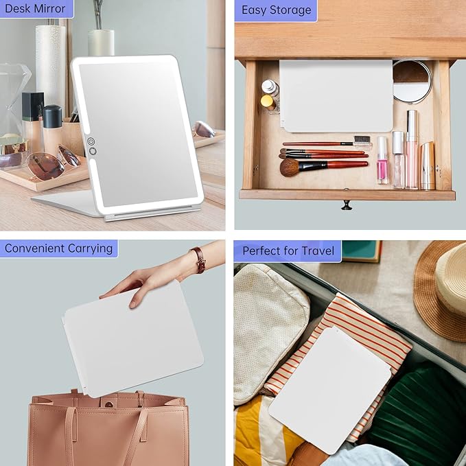 FUNTOUCH Rechargeable Large Travel Makeup Mirror with Lights, 2500mAh 10x7.5 Portable Lighted Makeup Mirror with 3 Color Lights, Dimming Folding Light Up Travel Mirrors with 10X Magnifying Mirror