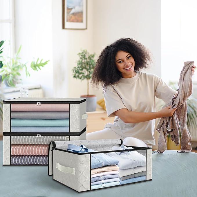 HomeHacks Storage 10-Pack Clothes Organizer Storage Bags Foldable Storage Box with Large Clear Window Sturdy Handles for Closet, Dorm, Pillows, Bedding, Clothes, Blankets, 35L, Ivory