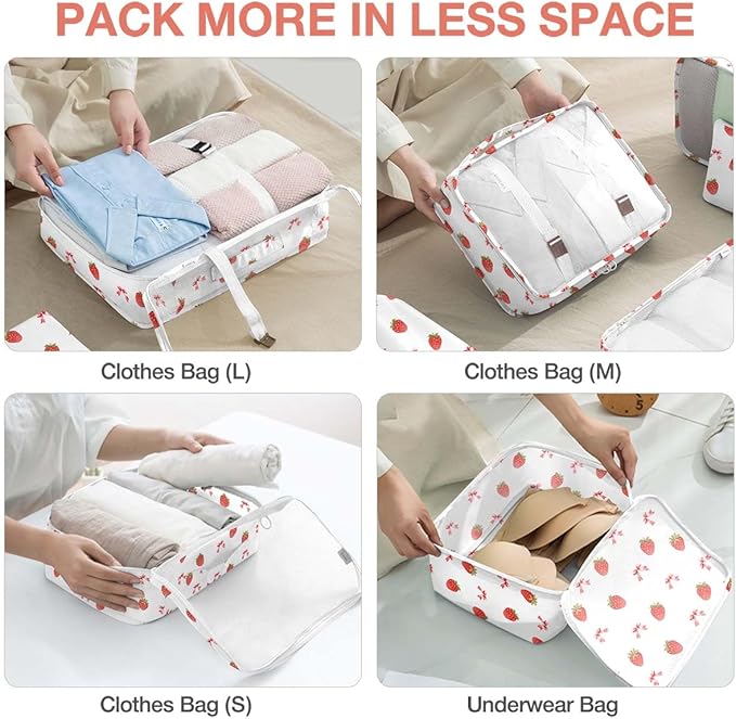 8 Set Packing Cubes for Suitcases,Packing Cube with Shoe, Cosmetics, Clothing, and Accessories Bags Packing Cubes for Travel Luggage Organizer Women Men(Strawberry Bows)
