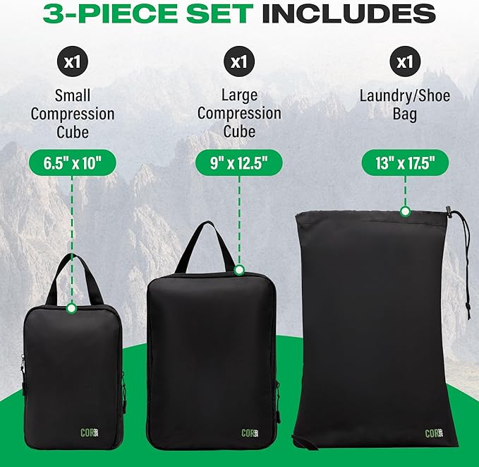 Compression Packing Cubes Travel Organizers plus Laundry or Shoe Bag with YKK Zippers (Black, 3 Piece)