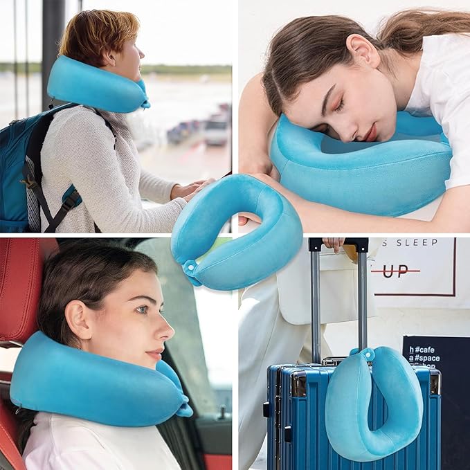 Travel Neck Pillow Comfort Memory Foam Neck Pillows for Airplanes Neck Support Pillow for Sleeping Traveling Trains Cars Offices Home Rest Blue