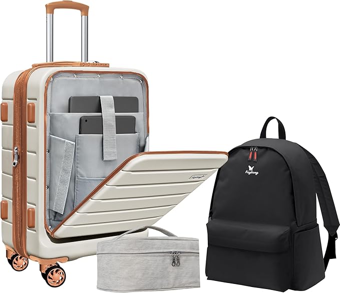 SmileLine 20 inch Carry-On, Lightweight Hardside Suitcase, Expandable Small Suitcase with Front Pocket, WhiteBrown