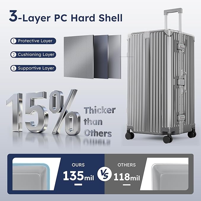 ALPHA CAMP Trunk Luggage, Large 30 Inch Thickened Aluminum Frame Luggage with TSA Spinner Wheels, 3-Layer PC Hardside Zipperless Travel Suitcase, Type-C USB Charging Port, Cup Holder， Grey