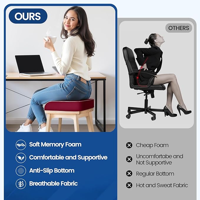Seat Cushion for Tailbone Pain Relief, Office Chair Cushion, Memory Foam Large Chair Cushion with Non-Slip Cover for Soft Support at Office Chair, Car Seat, Airplane Red/X-Large