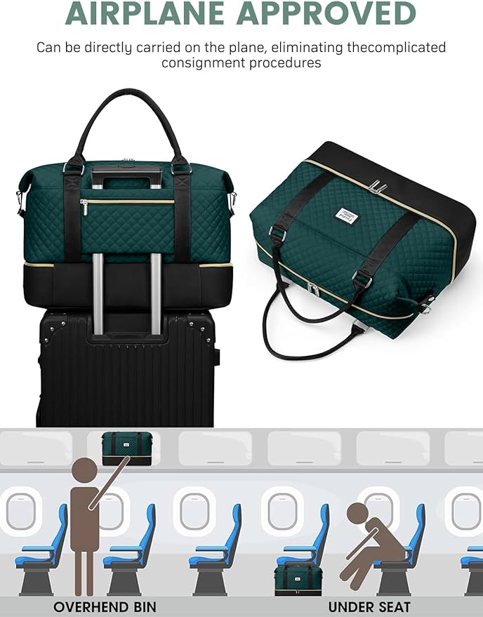 Travel Weekender Duffle Bags for Women: Overnight Bags with Shoe Compartment Large Carry on Weekend Bag with Toiletry Bag & Wet Pocket Tote Duffel Hospital Bag for Women Labor Delivery Black Green