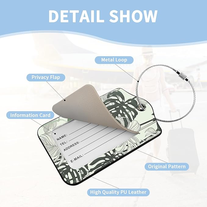 2 Pcs Luggage Tag for Suitcases, Tropical Leaves Cute PU Leather Suitcase Tag Privacy Cover ID Label with Metal Loop, Personalized Baggage Identifier for Women Cruise Bag Travel Essentials