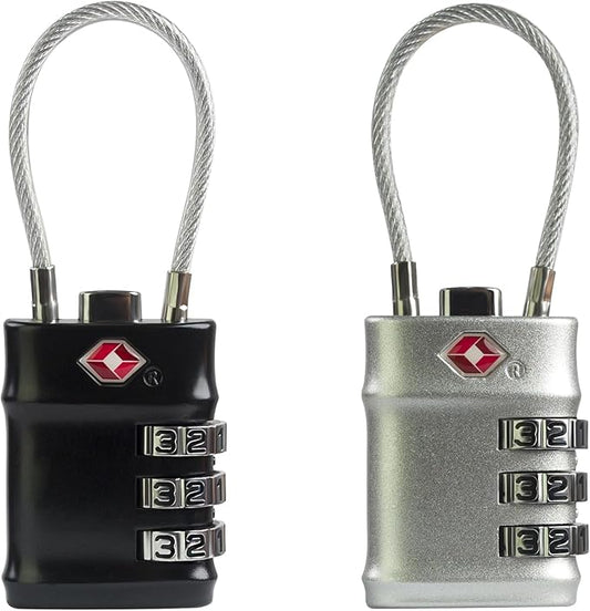 Luggage Locks TSA Approved, Small Padlock Combination with Cable, TSA Locks for Luggage, Combo Padlock with Code, for Travel Suitcase, Gym Locker, Gun Case, Backpack Zipper (Black+Silver)