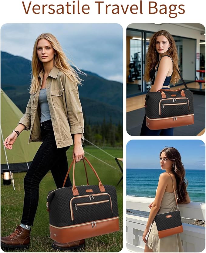 Large Women Travel Duffle Bag, Weekender Bag Overnight Bag with Shoe Compartment, Carry on Bag with Crossbody Purse for Over Night, Weekend, Yoga, Gym, Business Trips, Hospital, Black Brown