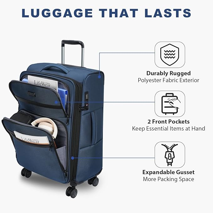 KROSER Softside Expandable checked Luggage with Front Business Pockets，24 Inch Suitcases with Spinner Wheels & Built-in TSA Lock, Durable Suitcase Rolling Luggage, Haze Blue