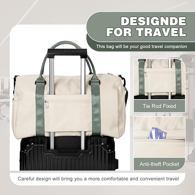 Weekender Duffel Bags for Women & Men - Airplane Travel Totes with Wet Pocket & Shoe Compartment - Labor & Delivery Hospital Bag, Beige Green