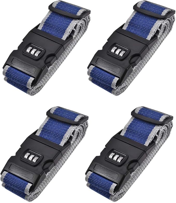 uxcell Luggage Straps Suitcase Belts with Buckle, Combination Lock, 2Mx5cm Adjustable PP Travel Packing Accessories, Blue Gray 4Pcs