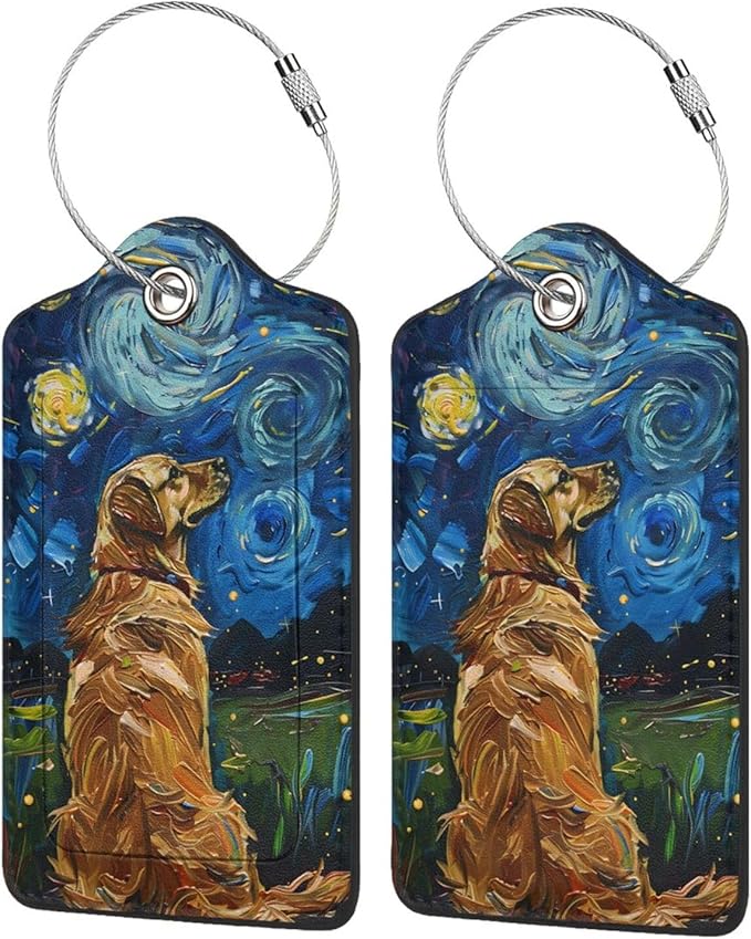 2 Pack Luggage Tags for suitcases Starry Night Dog TSA Approved Label Luggage Tag Baggage Tag Leather Stainless Steel Loop Label Tag for Men Women Travel Bag Suitcase