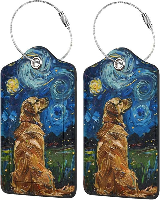 2 Pack Luggage Tags for suitcases Starry Night Dog TSA Approved Label Luggage Tag Baggage Tag Leather Stainless Steel Loop Label Tag for Men Women Travel Bag Suitcase
