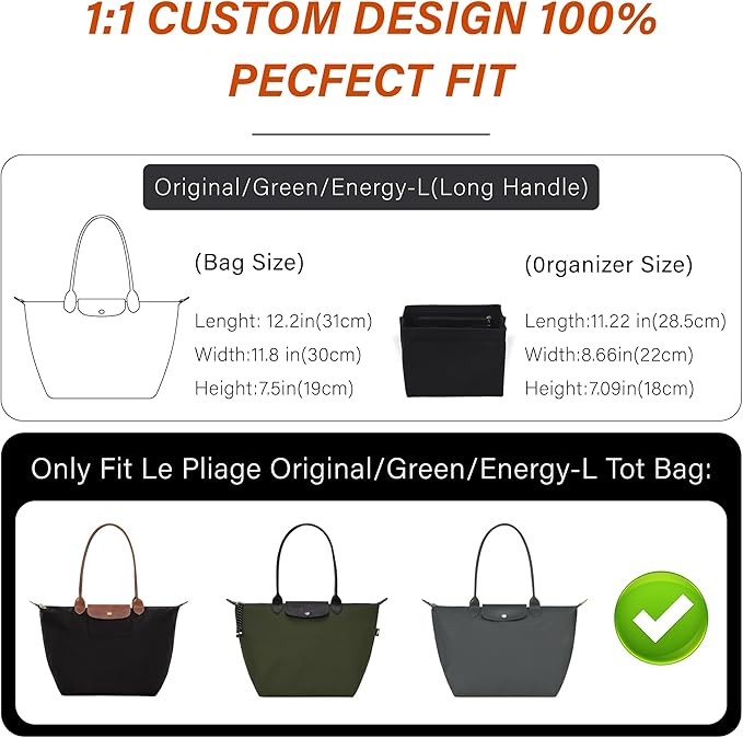 Premium Felt Purse Organizer Insert for Longchamp Le Pliage, Zipper Long Champ Bag Organizer Insert with Cup Holder, 9 Compartments