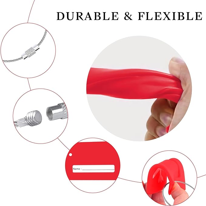 5 Pack Silicone Luggage Tag for Suitcases with Stainless Loop, TSA Approved, Privacy Protection Travel Essentials Bag Tags by Gostwo, Red