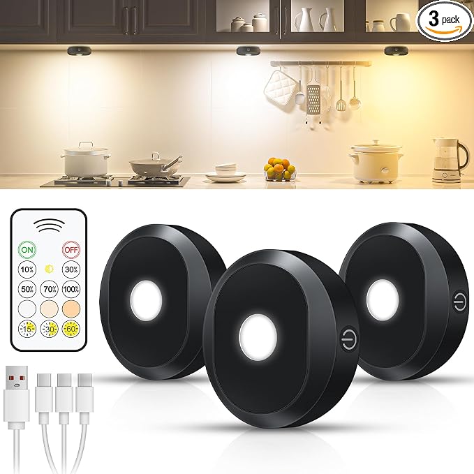 WILLED Puck Lights with Remote Control,3 Colors Under Cabinet Lighting Wireless,Rechargeable Battery LED Tap Light,Timer Function Stick On Lights for Kitchen,Cabinet,Counter,Closet, Shelf,3 Pack
