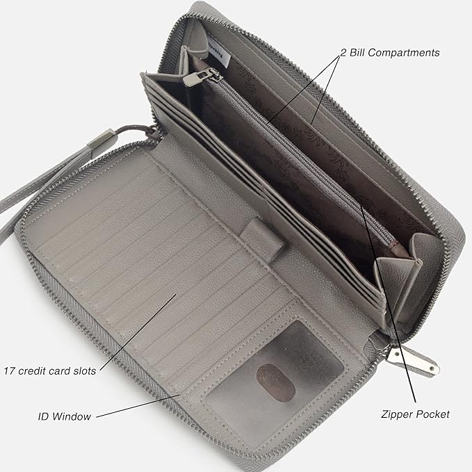 Bveyzi Women RFID Blocking Wallet Leather Zip Around Phone Clutch Large Capacity Ladies Travel Purse Wristlet | RFID Blocking, Zip Around, Large Capacity