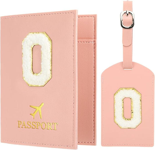 PATIKIL Passport Holder for Travel, Initial Passport Cover and Luggage Tag Set with Alphabet Chenille Letter Patch Travel Wallet Bag Suitcase Identifier for Women Family Travel Pink O