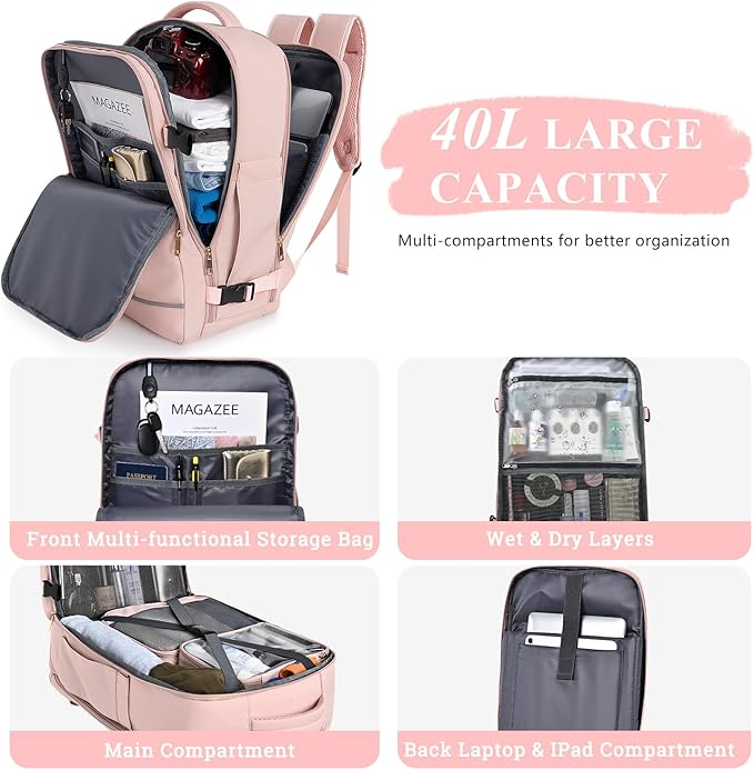 Large Travel Backpack for Women, 40L Travel Bag Personal Item Size, Laptop Backpacks, Waterproof Carry On Backpack with Packing Cubes for College Business Hiking Work Essentials, Pink