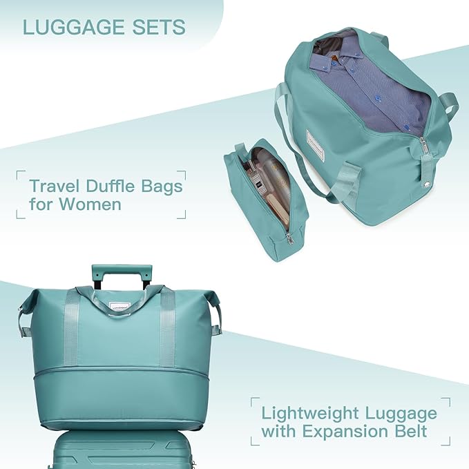 Misty Blue 6 Piece Luggage Set Hard Shell - Expandable Suitcases with Spinner Wheels and Duffel Bags for Family Travel, Durable Carry On Luggage Sets with Lock for Women and Men