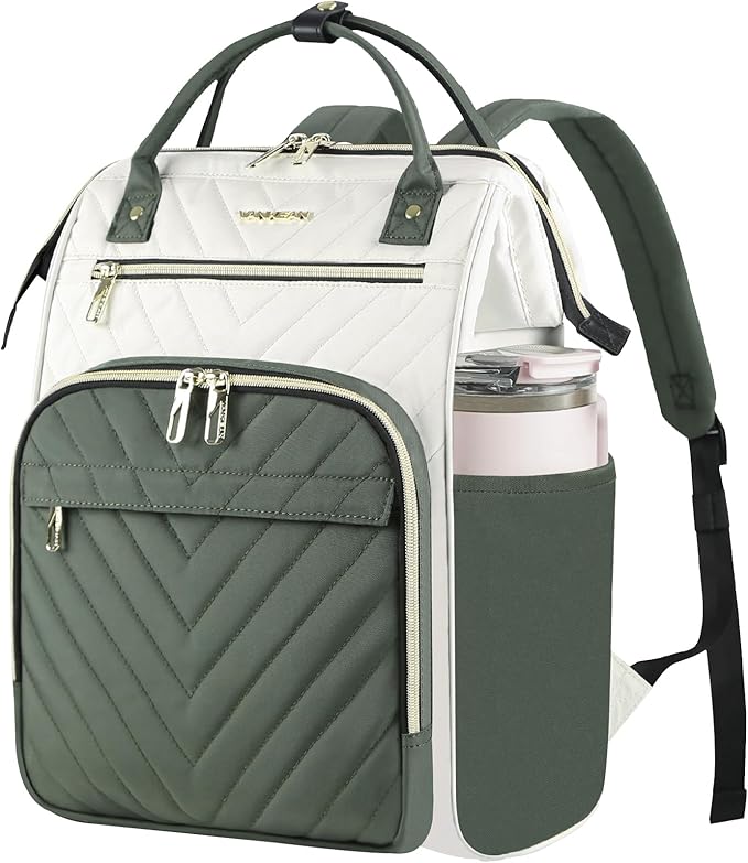 VANKEAN 17 Inch Laptop Backpack for Women Men Fashion Computer Work Bag, Large Capacity Waterproof Backpack with USB Port & RFID Pockets, College Daypack Business Travel, Beige-Army green