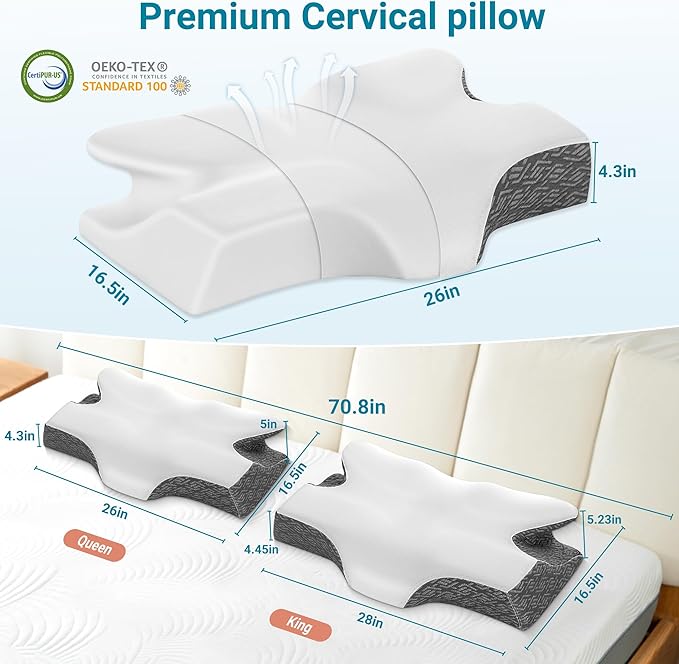Elviros Cervical Neck Pillow for Sleeping, Memory Foam Pillow for Neck Pain Relief, Side Sleeper Cooling Pillows for Adults, Neck Support with Removable Pillowcase for Back & Stomach Sleepers