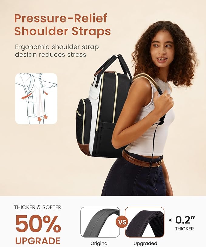 LOVEVOOK Laptop Backpack for Women with Giant Tumbler Holder Pocket,18.4 inch School College Book Bag Nurse Teacher Backpack,Waterproof Work Travel Backpack Purse Laptop Computer Bag,Beige-Black-Brown