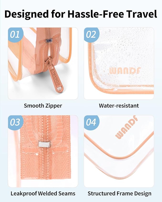 WANDF TSA Approved Toiletry Bag, 2 Packs Travel Clear Toiletry Bag, Quart Size Makeup Cosmetic Pouch with Zipper, Carry-On Airport Compliant Bag for Women and Men (2pcs Lotus Pink)