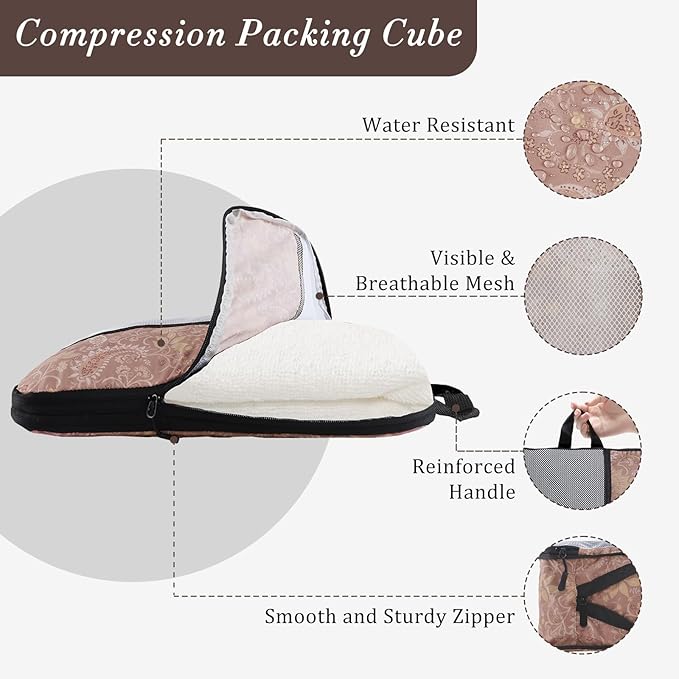 U+U 6 Set Compression Packing Cubes - Ultralight Travel Organizers with Laundry Bag, Space-Saving Suitcase Organizer, Expandable Packing Cubes for Travel and Family Vacation (Paisley Pattern)