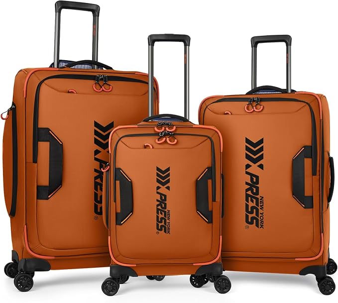 3-Piece Softside Upright Luggage Set with Front Open Pocket, Lightweight and Waterproof Durable Suitcase Sets Double Spinner Wheels（Orange, 22in/26in/30in）