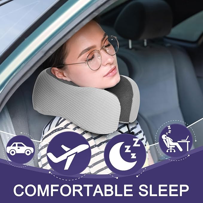 napfun Neck Pillow for Travel with Travel Pouch, Sleep Mask & Earplugs, Memory Foam Airplane Pillow for Headrest Sleep with Eyeshades, Plane Essentials with Eye Blindfold, Light Gray Striped Kit