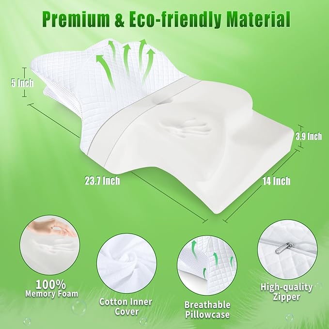 SAHEYER Cervical Neck Pillow, Memory Foam Pillow for Neck Pain Relief and Snoring, Ergonomic Pillow for Side Sleeper, 2 in 1 Orthopedic Pillow for Back and Stomach Sleeper, White