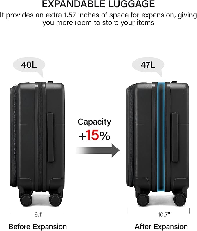 Hanke 20 Inch Expandable Carry On Luggage with Cup Holder 22x14x9 Airline Approved, Top Opening Hard Shell Suitcases with Wheels, Carry-On Travel Suitcase Trunk Luggage with Lock, Jet Black