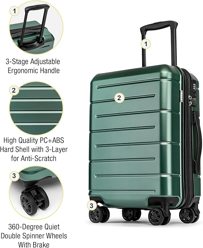 KYME Carry On Luggage 22x14x9 Airline Approved Expandable Hardshell 20 Inch Suitcase with TSA Lock Carry On Suitcase with Wheels Small Travel Rolling Luggage with Cup Holder for Men Women Green