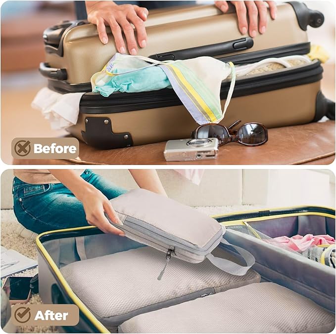 4 Set Compression Packing Cubes for Suitcase - Space-Saving Luggage Organizer Bags, Lightweight Travel Essentials for Efficient Packing (Beige)