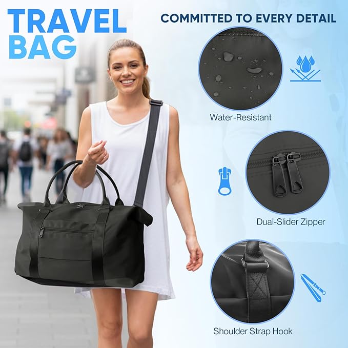Travel Duffle Bag, Weekender Travel Bag Men Small Gym Bag for Women, Hospital Bag for Labor and Delivery, Overnight Bag Luggage Bag with Trolley Sleeve, Airplane Travel Essentials for Flying(Black)