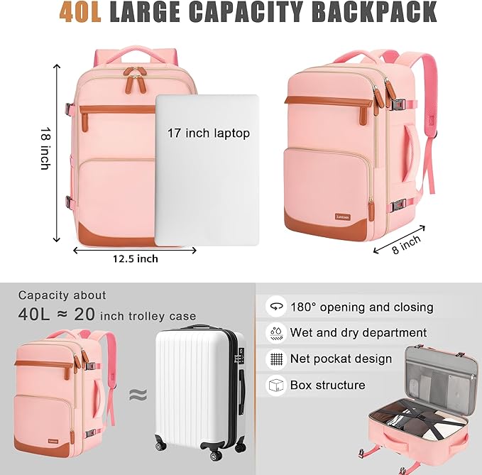 40L Travel Backpack, Water-Resistant Carry On Backpack for Men Women, Business Laptop Backpack for Trips & Commutes, Fits 15.6/17.3 Inch Laptop
