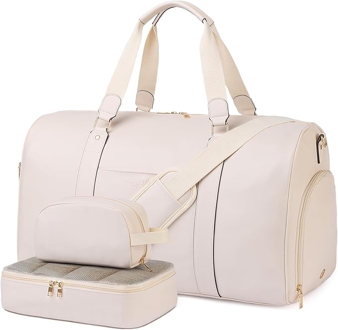 Large 3-in-1 Leather Duffle Bag for Travel Weekender Overnight Hospital Gym Bag for Men & Women, Carry On Airline Approved Personal Item Duffel Garment Bag Luggage with Shoe Compartment & Toiletry Bag