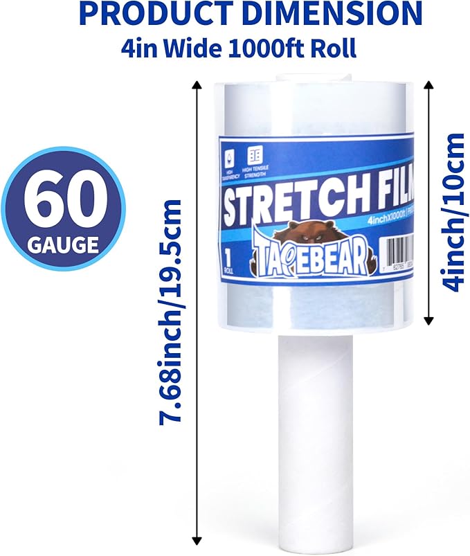TAPEBEAR Stretch Wrap Film 4" x 1000Ft Shrink Wrap Roll with Handle, 60 Gauge Thick Durable Self-Adhering Clear Plastic Wrap Industrial Strength Pallet Shrink for Moving, Packing, 4Rolls