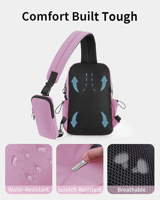 ECOHUB Anti-Theft Crossbody Bag Men Women, RFID Blocking Lightweight Sling Backpack Eco-Friendly with 9 Pockets Sturdy SBS Zippers Water Resistant for Travel Work Hiking Outdoor, Pink