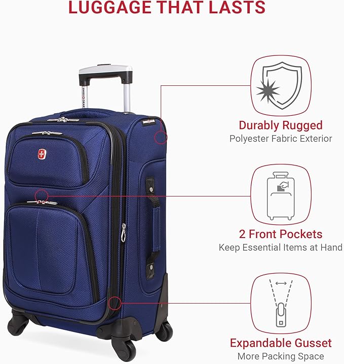 SWISSGEAR Sion Softside Expandable Spinner Luggage Durable Lightweight Travel Suitcase, Blue, Carry-On 21-Inch