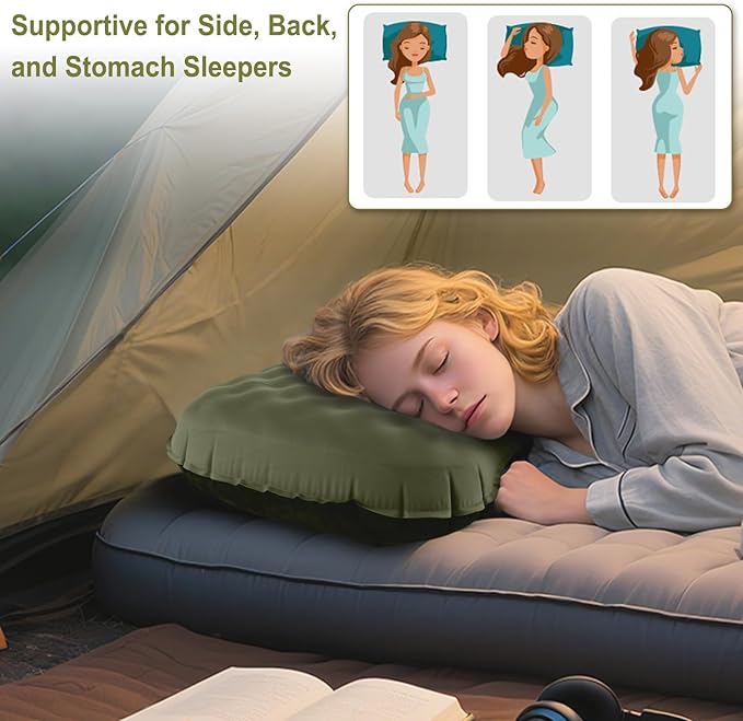 Camping Pillow with Ice Silk Memory Foam Cover - Ultralight Inflatable Pillow for Camping Lightweight, Ergonomic and Washable for Camping, Hiking, and Travel Green