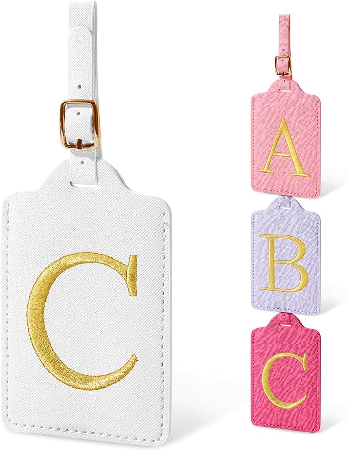 Initial Luggage Tags for Suitcases, Cute Embroidered Letter Luggage Bag Suitcase Identifier Name Baggage Tag, PU Leather Travel Luggage Tags, Bag Tags for Men Women Kids Luggage Handbags(White C)