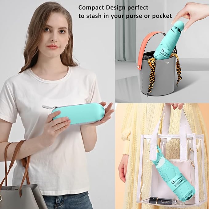 BAODINI Travel Essentials Mini Umbrella for Purse With Case Small Compact UV Sun Protection Lightweight Tiny Pocket Manual Open Close Umbrella for Women Kids and Men Fits Purse Backpack