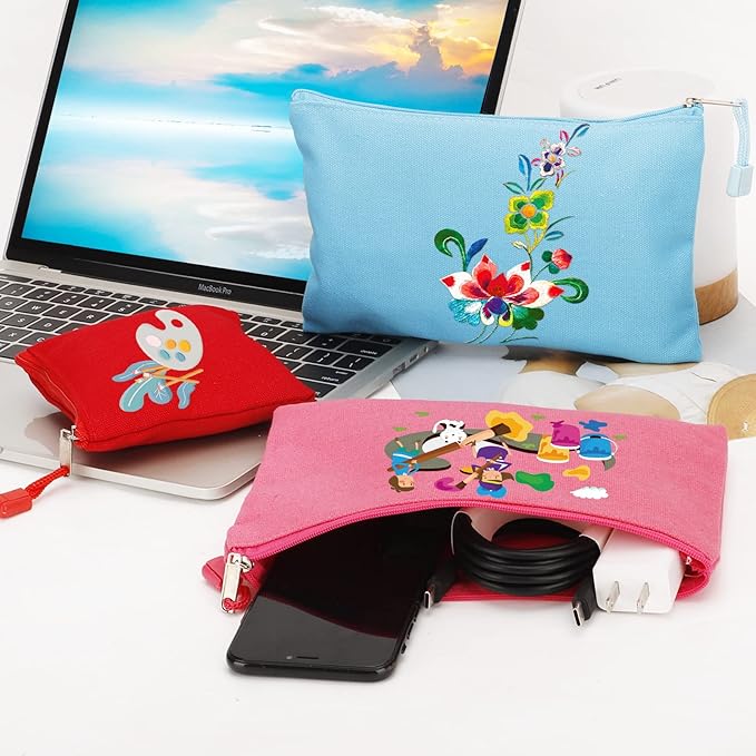 12 Pack DIY Craft Cotton Canvas Bag, Multi-Purpose Cosmetic Bag Makeup Pouches with Zipper Travel Toiletry Bag (XS, Green)
