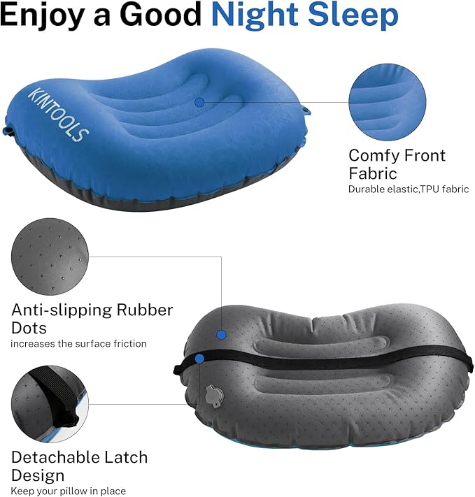 Camping Pillow-Compressible, Ultralight Inflatable,Compact, Comfortable, Ergonomic Inflating Pillows for Neck & Lumbar Support While Camp, Hiking(Navy Blue,with Anti Slip Straps)