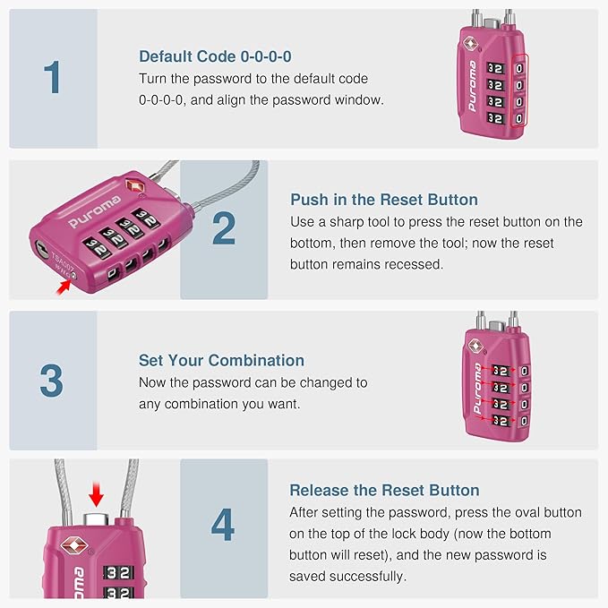 Puroma 2 Pack TSA Approved Luggage Locks, 4 Digit Combination Travel Cable Locks Resettable Code Lock with Zinc Alloy Body for Suitcase, Toolbox, Backpack, Bag, Gym Locker (Basic Pink Dark)